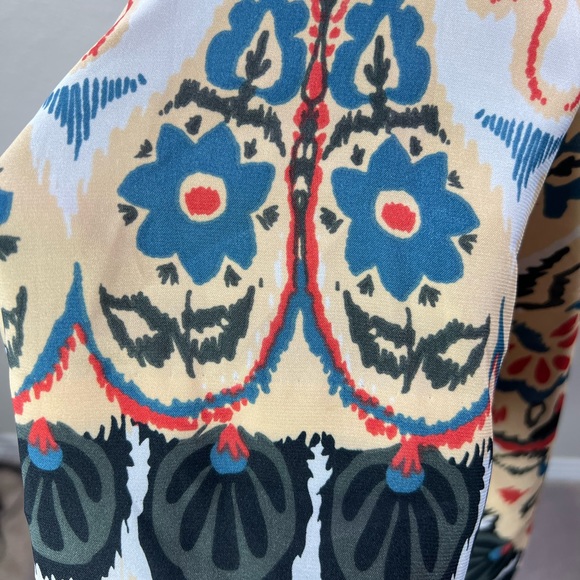 Aztec Floral Print Dress Summer Blue Spaghetti Strap Satin Silk Midi Tribal Gown - Picture 10 of 17